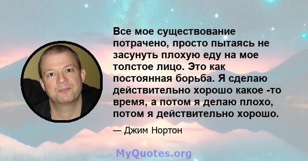 Все мое существование потрачено, просто пытаясь не засунуть плохую еду на мое толстое лицо. Это как постоянная борьба. Я сделаю действительно хорошо какое -то время, а потом я делаю плохо, потом я действительно хорошо.