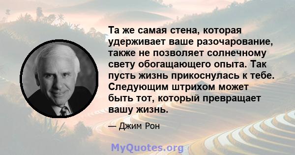 Та же самая стена, которая удерживает ваше разочарование, также не позволяет солнечному свету обогащающего опыта. Так пусть жизнь прикоснулась к тебе. Следующим штрихом может быть тот, который превращает вашу жизнь.