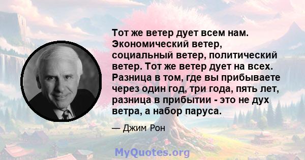 Тот же ветер дует всем нам. Экономический ветер, социальный ветер, политический ветер. Тот же ветер дует на всех. Разница в том, где вы прибываете через один год, три года, пять лет, разница в прибытии - это не дух