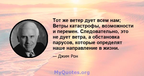 Тот же ветер дует всем нам; Ветры катастрофы, возможности и перемен. Следовательно, это не дует ветра, а обстановка парусов, которые определят наше направление в жизни.