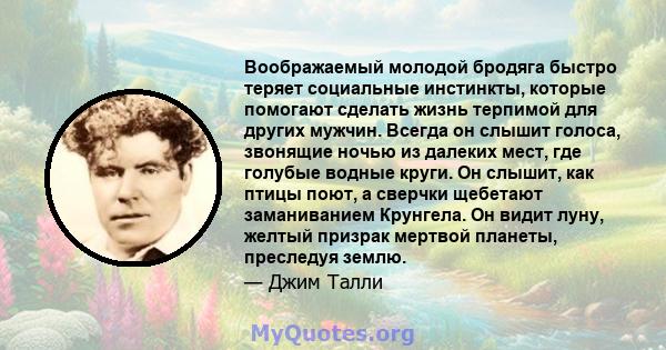 Воображаемый молодой бродяга быстро теряет социальные инстинкты, которые помогают сделать жизнь терпимой для других мужчин. Всегда он слышит голоса, звонящие ночью из далеких мест, где голубые водные круги. Он слышит,