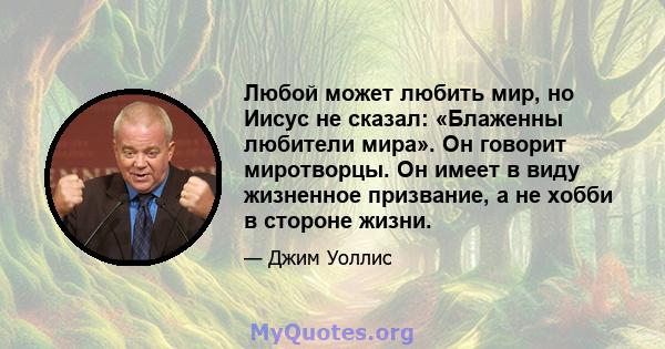 Любой может любить мир, но Иисус не сказал: «Блаженны любители мира». Он говорит миротворцы. Он имеет в виду жизненное призвание, а не хобби в стороне жизни.