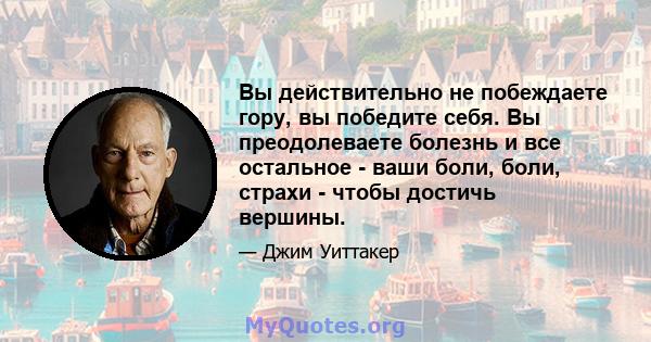 Вы действительно не побеждаете гору, вы победите себя. Вы преодолеваете болезнь и все остальное - ваши боли, боли, страхи - чтобы достичь вершины.