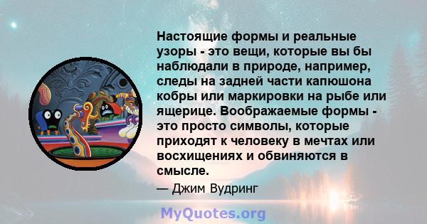 Настоящие формы и реальные узоры - это вещи, которые вы бы наблюдали в природе, например, следы на задней части капюшона кобры или маркировки на рыбе или ящерице. Воображаемые формы - это просто символы, которые