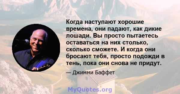 Когда наступают хорошие времена, они падают, как дикие лошади. Вы просто пытаетесь оставаться на них столько, сколько сможете. И когда они бросают тебя, просто подожди в тень, пока они снова не придут.