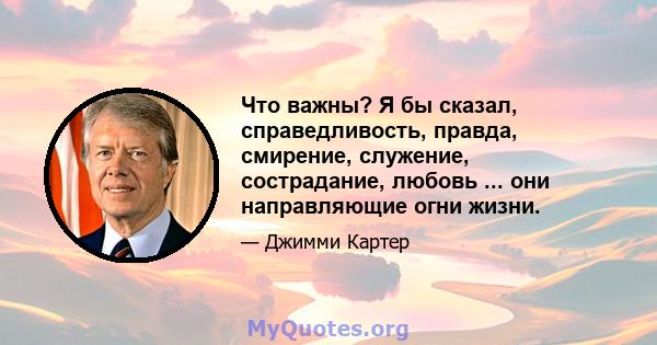 Что важны? Я бы сказал, справедливость, правда, смирение, служение, сострадание, любовь ... они направляющие огни жизни.