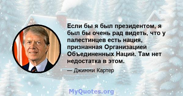 Если бы я был президентом, я был бы очень рад видеть, что у палестинцев есть нация, признанная Организацией Объединенных Наций. Там нет недостатка в этом.