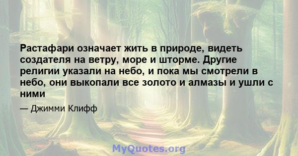 Растафари означает жить в природе, видеть создателя на ветру, море и шторме. Другие религии указали на небо, и пока мы смотрели в небо, они выкопали все золото и алмазы и ушли с ними