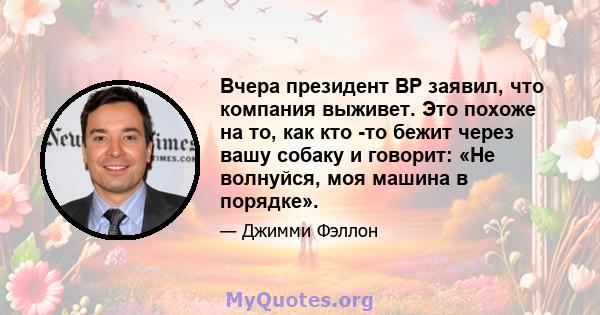 Вчера президент BP заявил, что компания выживет. Это похоже на то, как кто -то бежит через вашу собаку и говорит: «Не волнуйся, моя машина в порядке».