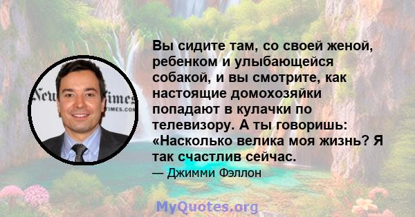 Вы сидите там, со своей женой, ребенком и улыбающейся собакой, и вы смотрите, как настоящие домохозяйки попадают в кулачки по телевизору. А ты говоришь: «Насколько велика моя жизнь? Я так счастлив сейчас.