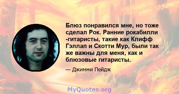 Блюз понравился мне, но тоже сделал Рок. Ранние рокабилли -гитаристы, такие как Клифф Гэллап и Скотти Мур, были так же важны для меня, как и блюзовые гитаристы.