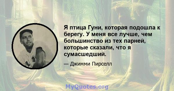 Я птица Гуни, которая подошла к берегу. У меня все лучше, чем большинство из тех парней, которые сказали, что я сумасшедший.