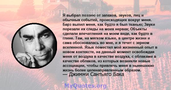 Я выбрал поэзию от запахов, звуков, лиц и обычных событий, происходящих вокруг меня. Барз выпил меня, как будто я был тканью; Звуки порезали их следы на моих нервах; Объекты сделали впечатления на моем виде, как будто в 