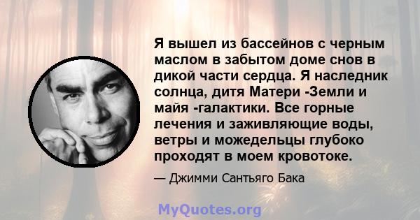 Я вышел из бассейнов с черным маслом в забытом доме снов в дикой части сердца. Я наследник солнца, дитя Матери -Земли и майя -галактики. Все горные лечения и заживляющие воды, ветры и можедельцы глубоко проходят в моем