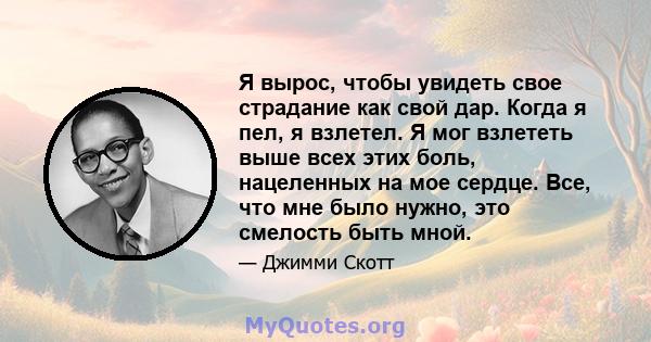 Я вырос, чтобы увидеть свое страдание как свой дар. Когда я пел, я взлетел. Я мог взлететь выше всех этих боль, нацеленных на мое сердце. Все, что мне было нужно, это смелость быть мной.