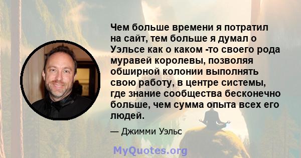 Чем больше времени я потратил на сайт, тем больше я думал о Уэльсе как о каком -то своего рода муравей королевы, позволяя обширной колонии выполнять свою работу, в центре системы, где знание сообщества бесконечно