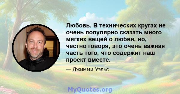 Любовь. В технических кругах не очень популярно сказать много мягких вещей о любви, но, честно говоря, это очень важная часть того, что содержит наш проект вместе.