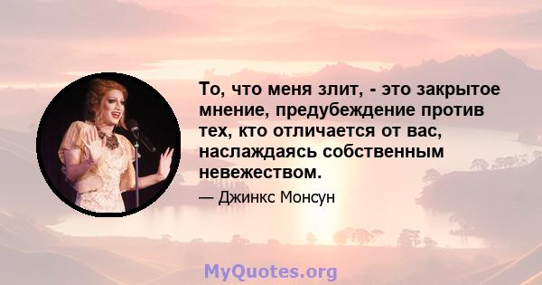 То, что меня злит, - это закрытое мнение, предубеждение против тех, кто отличается от вас, наслаждаясь собственным невежеством.