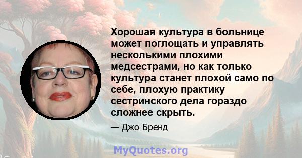 Хорошая культура в больнице может поглощать и управлять несколькими плохими медсестрами, но как только культура станет плохой само по себе, плохую практику сестринского дела гораздо сложнее скрыть.