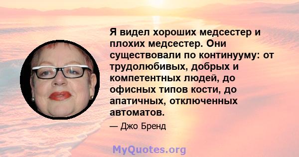 Я видел хороших медсестер и плохих медсестер. Они существовали по континууму: от трудолюбивых, добрых и компетентных людей, до офисных типов кости, до апатичных, отключенных автоматов.