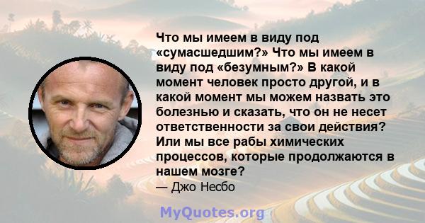 Что мы имеем в виду под «сумасшедшим?» Что мы имеем в виду под «безумным?» В какой момент человек просто другой, и в какой момент мы можем назвать это болезнью и сказать, что он не несет ответственности за свои