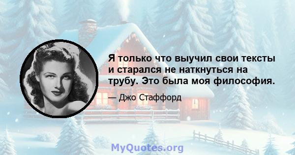 Я только что выучил свои тексты и старался не наткнуться на трубу. Это была моя философия.