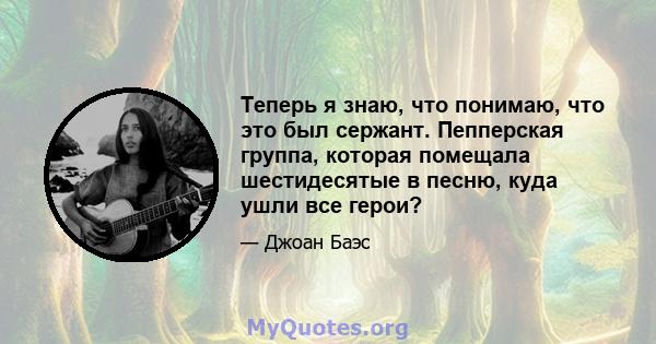 Теперь я знаю, что понимаю, что это был сержант. Пепперская группа, которая помещала шестидесятые в песню, куда ушли все герои?