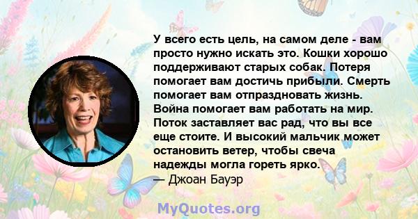 У всего есть цель, на самом деле - вам просто нужно искать это. Кошки хорошо поддерживают старых собак. Потеря помогает вам достичь прибыли. Смерть помогает вам отпраздновать жизнь. Война помогает вам работать на мир.