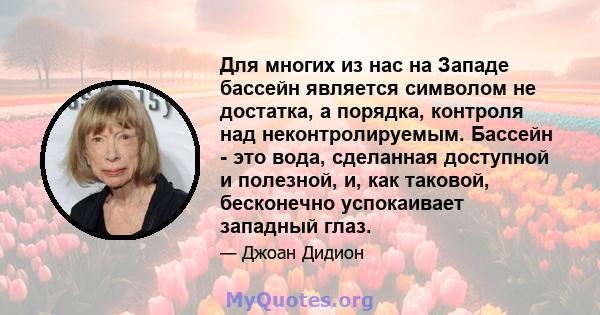 Для многих из нас на Западе бассейн является символом не достатка, а порядка, контроля над неконтролируемым. Бассейн - это вода, сделанная доступной и полезной, и, как таковой, бесконечно успокаивает западный глаз.