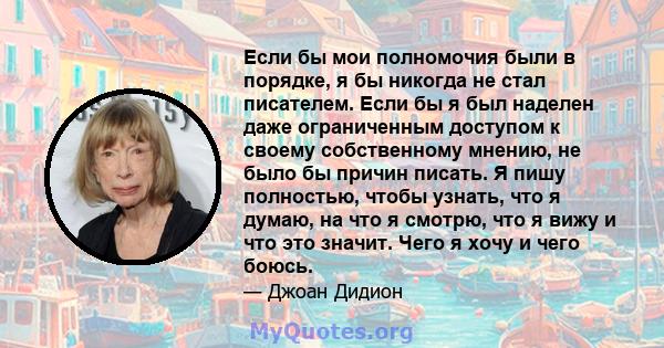 Если бы мои полномочия были в порядке, я бы никогда не стал писателем. Если бы я был наделен даже ограниченным доступом к своему собственному мнению, не было бы причин писать. Я пишу полностью, чтобы узнать, что я