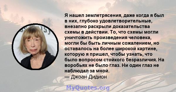 Я нашел землетрясения, даже когда я был в них, глубоко удовлетворительные, внезапно раскрыли доказательства схемы в действии. То, что схемы могли уничтожить произведения человека, могли бы быть личным сожалением, но