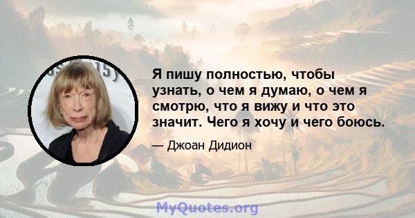 Я пишу полностью, чтобы узнать, о чем я думаю, о чем я смотрю, что я вижу и что это значит. Чего я хочу и чего боюсь.