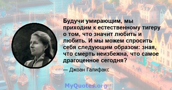 Будучи умирающим, мы приходим к естественному тигеру о том, что значит любить и любить. И мы можем спросить себя следующим образом: зная, что смерть неизбежна, что самое драгоценное сегодня?