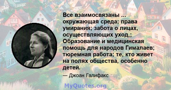 Все взаимосвязаны ... окружающая среда; права умирания; забота о лицах, осуществляющих уход,; Образование и медицинская помощь для народов Гималаев; тюремная работа; те, кто живет на полях общества, особенно детей.