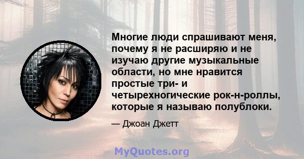 Многие люди спрашивают меня, почему я не расширяю и не изучаю другие музыкальные области, но мне нравится простые три- и четырехногические рок-н-роллы, которые я называю полублоки.