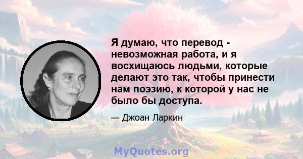 Я думаю, что перевод - невозможная работа, и я восхищаюсь людьми, которые делают это так, чтобы принести нам поэзию, к которой у нас не было бы доступа.