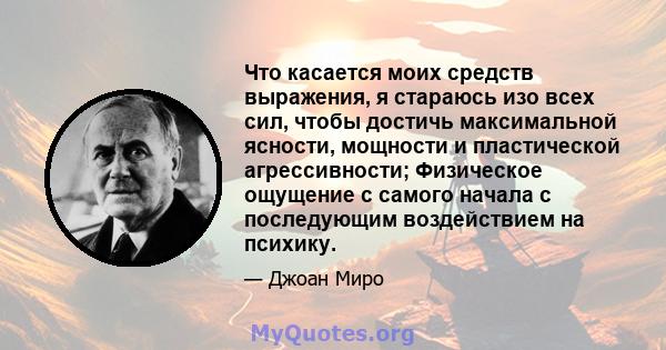 Что касается моих средств выражения, я стараюсь изо всех сил, чтобы достичь максимальной ясности, мощности и пластической агрессивности; Физическое ощущение с самого начала с последующим воздействием на психику.