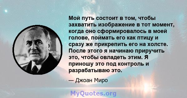 Мой путь состоит в том, чтобы захватить изображение в тот момент, когда оно сформировалось в моей голове, поймать его как птицу и сразу же прикрепить его на холсте. После этого я начинаю приручить это, чтобы овладеть