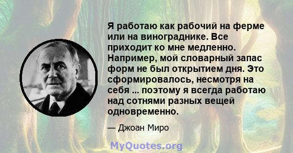 Я работаю как рабочий на ферме или на винограднике. Все приходит ко мне медленно. Например, мой словарный запас форм не был открытием дня. Это сформировалось, несмотря на себя ... поэтому я всегда работаю над сотнями