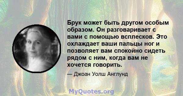 Брук может быть другом особым образом. Он разговаривает с вами с помощью всплесков. Это охлаждает ваши пальцы ног и позволяет вам спокойно сидеть рядом с ним, когда вам не хочется говорить.