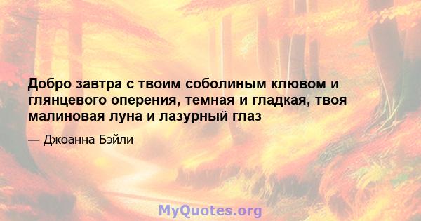 Добро завтра с твоим соболиным клювом и глянцевого оперения, темная и гладкая, твоя малиновая луна и лазурный глаз