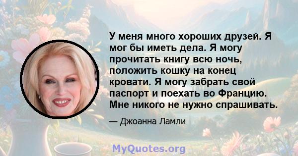 У меня много хороших друзей. Я мог бы иметь дела. Я могу прочитать книгу всю ночь, положить кошку на конец кровати. Я могу забрать свой паспорт и поехать во Францию. Мне никого не нужно спрашивать.