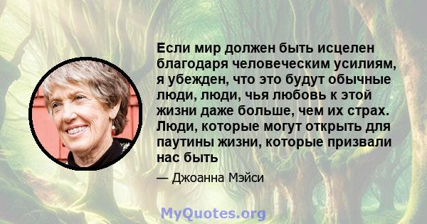 Если мир должен быть исцелен благодаря человеческим усилиям, я убежден, что это будут обычные люди, люди, чья любовь к этой жизни даже больше, чем их страх. Люди, которые могут открыть для паутины жизни, которые