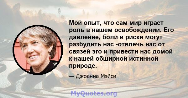 Мой опыт, что сам мир играет роль в нашем освобождении. Его давление, боли и риски могут разбудить нас -отвлечь нас от связей эго и привести нас домой к нашей обширной истинной природе.