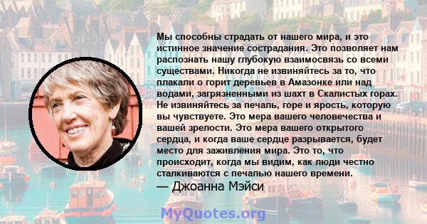 Мы способны страдать от нашего мира, и это истинное значение сострадания. Это позволяет нам распознать нашу глубокую взаимосвязь со всеми существами. Никогда не извиняйтесь за то, что плакали о горит деревьев в Амазонке 