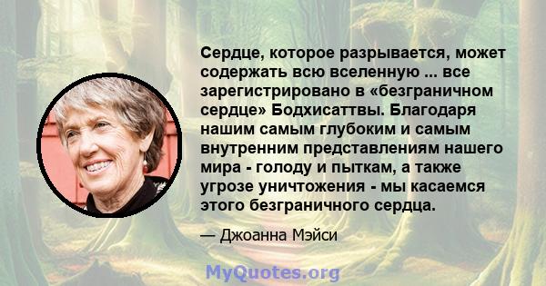 Сердце, которое разрывается, может содержать всю вселенную ... все зарегистрировано в «безграничном сердце» Бодхисаттвы. Благодаря нашим самым глубоким и самым внутренним представлениям нашего мира - голоду и пыткам, а