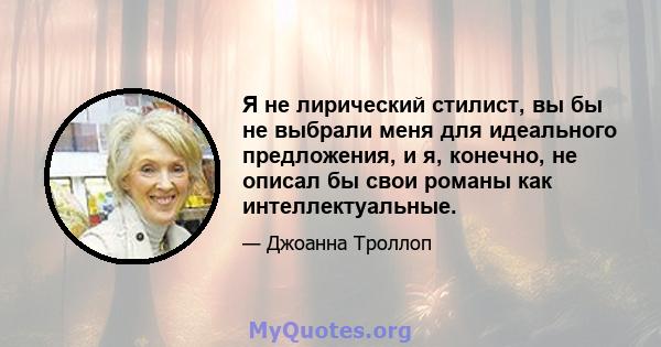 Я не лирический стилист, вы бы не выбрали меня для идеального предложения, и я, конечно, не описал бы свои романы как интеллектуальные.