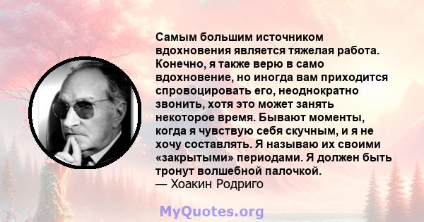 Самым большим источником вдохновения является тяжелая работа. Конечно, я также верю в само вдохновение, но иногда вам приходится спровоцировать его, неоднократно звонить, хотя это может занять некоторое время. Бывают