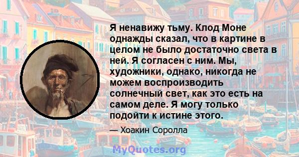 Я ненавижу тьму. Клод Моне однажды сказал, что в картине в целом не было достаточно света в ней. Я согласен с ним. Мы, художники, однако, никогда не можем воспроизводить солнечный свет, как это есть на самом деле. Я