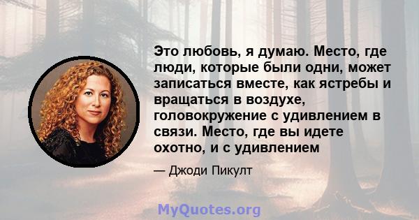 Это любовь, я думаю. Место, где люди, которые были одни, может записаться вместе, как ястребы и вращаться в воздухе, головокружение с удивлением в связи. Место, где вы идете охотно, и с удивлением